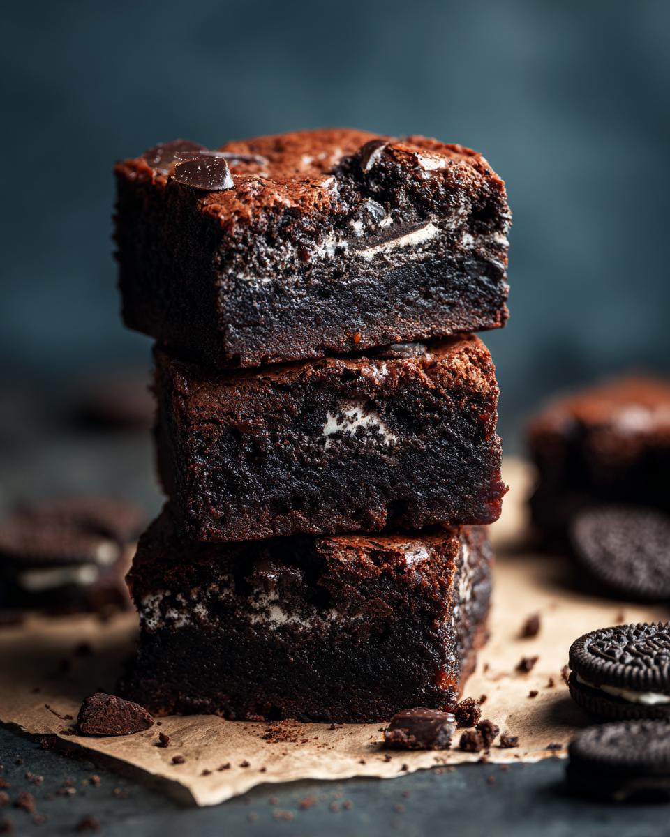 A stack of three Ultimate Fudgy Oreo Brownies on parchment paper, with Oreo cookies scattered around.