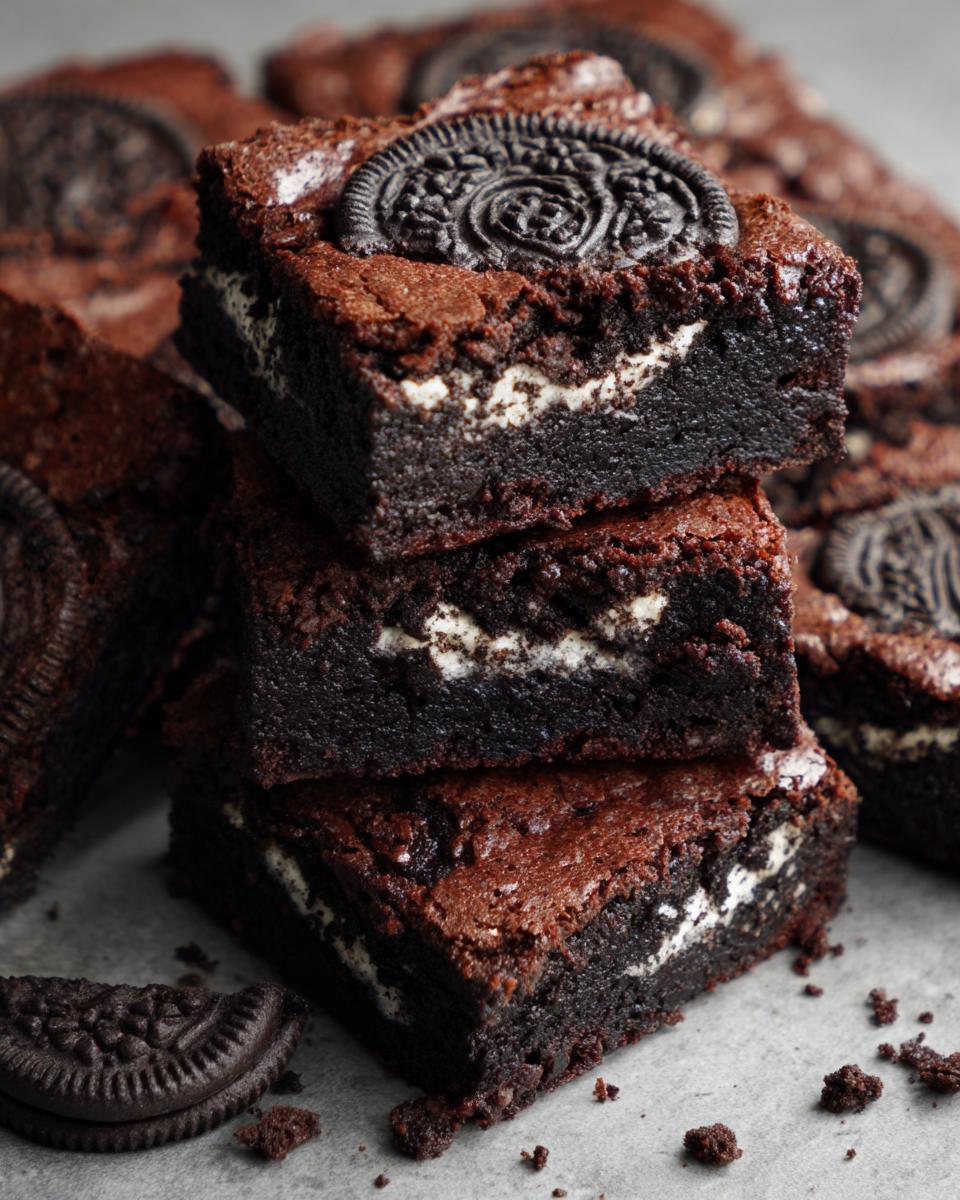 A stack of three Ultimate Fudgy Oreo Brownies topped with Oreo cookies, showcasing their fudgy texture.