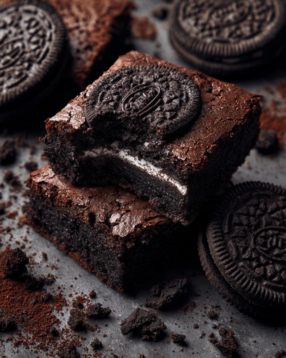 Two stacked Ultimate Fudgy Oreo Brownies with a whole Oreo on top, surrounded by Oreo cookies and brownie crumbs.