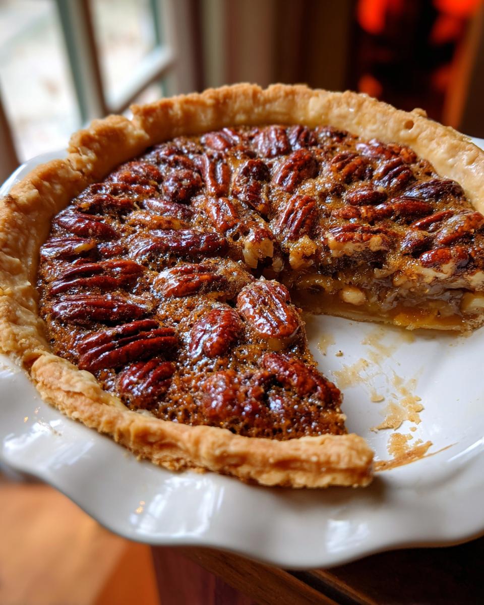 A whole Ultimate Gooey Southern Pecan Pie with a slice missing, revealing the gooey filling and pecan topping.