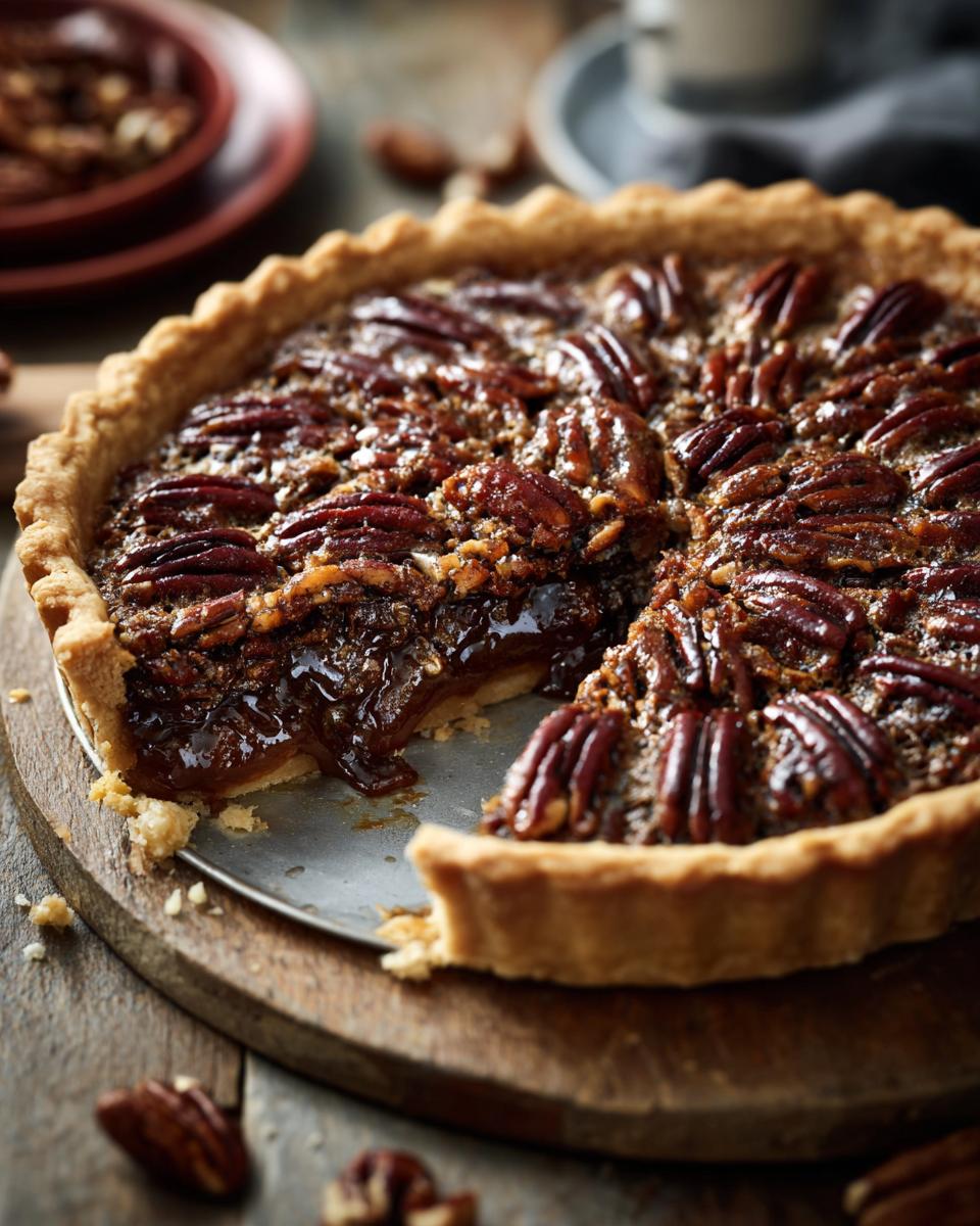 A partially sliced Ultimate Gooey Southern Pecan Pie on a wooden board, showcasing the pecan topping and gooey filling.