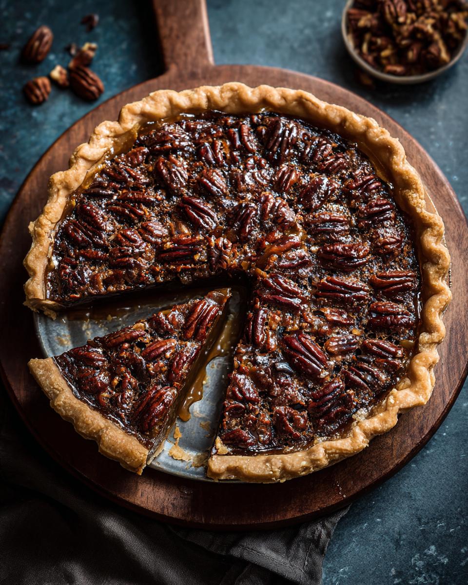 Overhead shot of a sliced Ultimate Gooey Southern Pecan Pie on a wooden board, pecans visible.