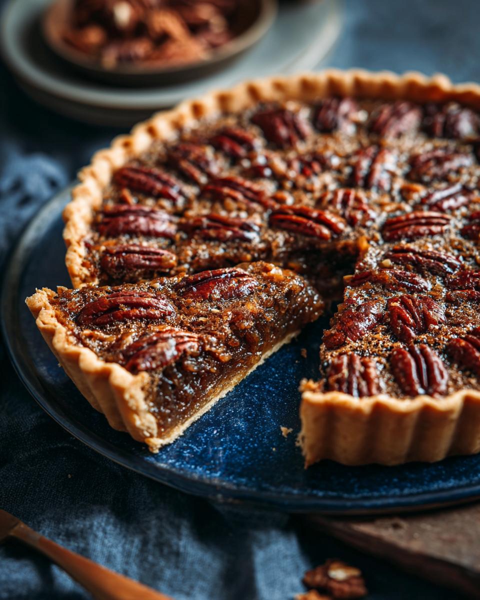 A slice of Ultimate Gooey Southern Pecan Pie on a blue plate, showcasing the pecan topping and gooey filling.