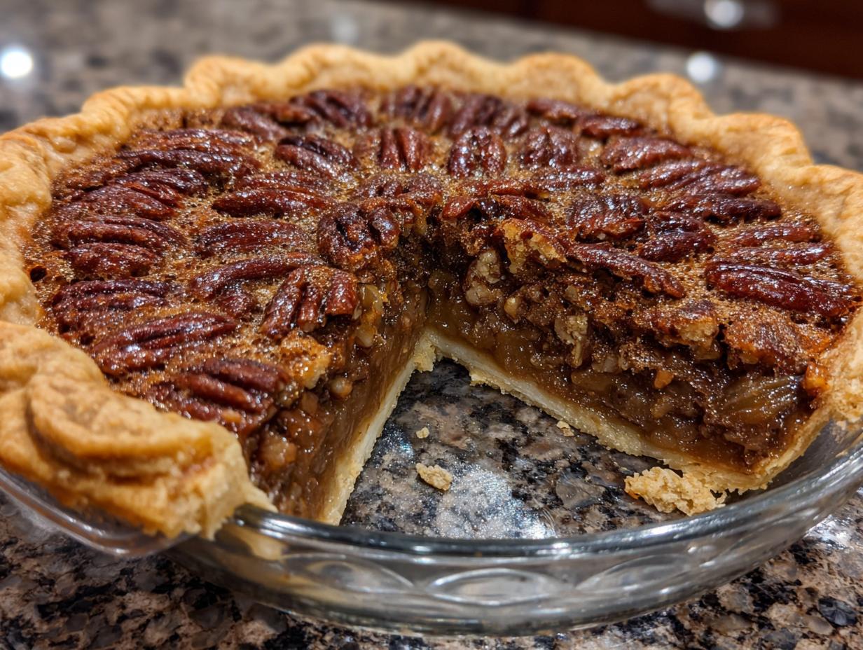 A freshly baked Ultimate Gooey Southern Pecan Pie with a slice removed, showcasing the gooey filling and pecan topping.