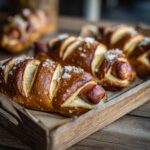 Several ultimate homemade pretzel dogs with coarse salt on a rustic wooden tray.