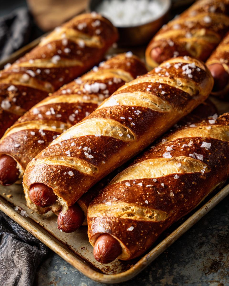 A batch of freshly baked Ultimate Homemade Pretzel Dogs on a metal baking sheet, sprinkled with coarse salt.