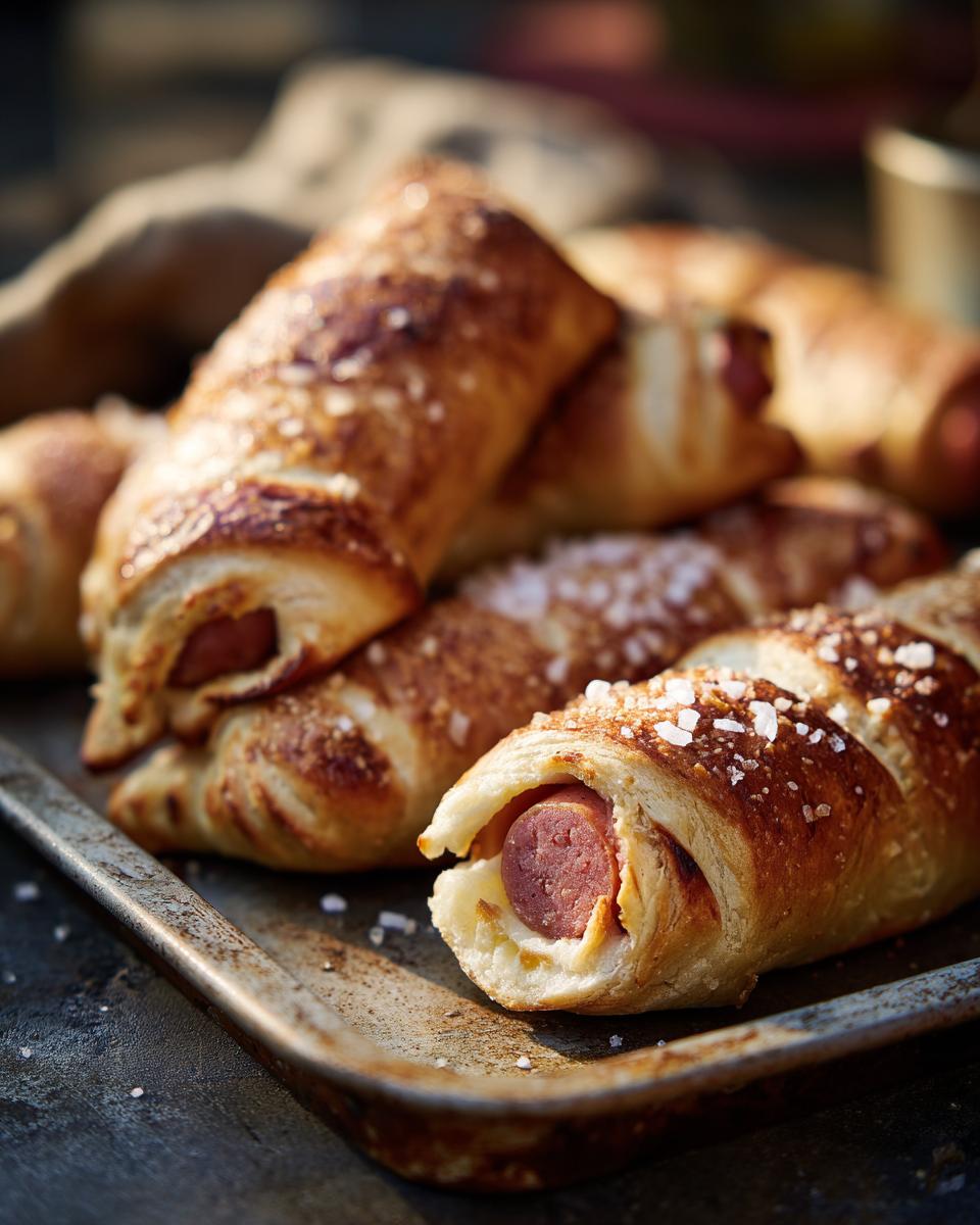 Close-up of ultimate homemade pretzel dogs, baked golden brown and sprinkled with coarse salt, on a metal baking sheet.