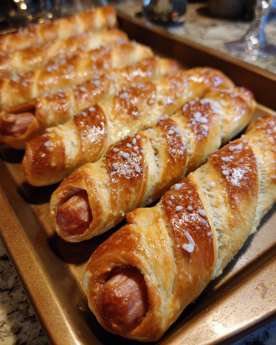 Close-up of several ultimate homemade pretzel dogs on a baking sheet, sprinkled with salt.