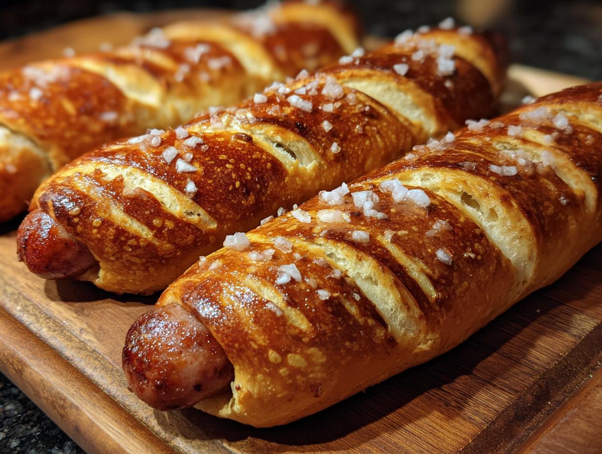 Three ultimate homemade pretzel dogs with coarse salt on a wooden cutting board.