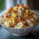 Bowl of Ultimate Loaded Baked Potato Salad topped with bacon, cheese, and parsley.