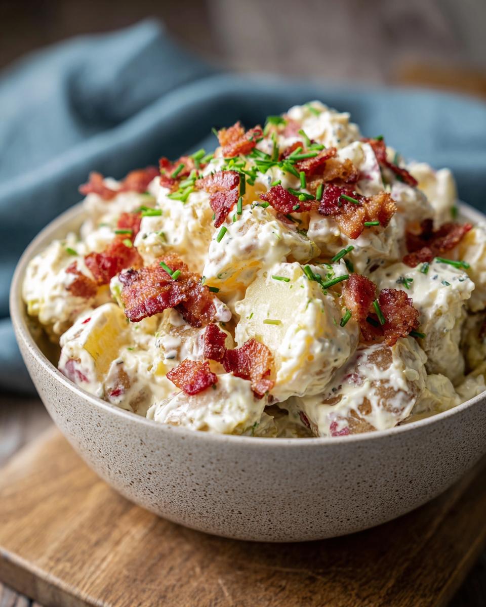 Bowl of Ultimate Loaded Baked Potato Salad with creamy dressing, bacon bits, and chives.