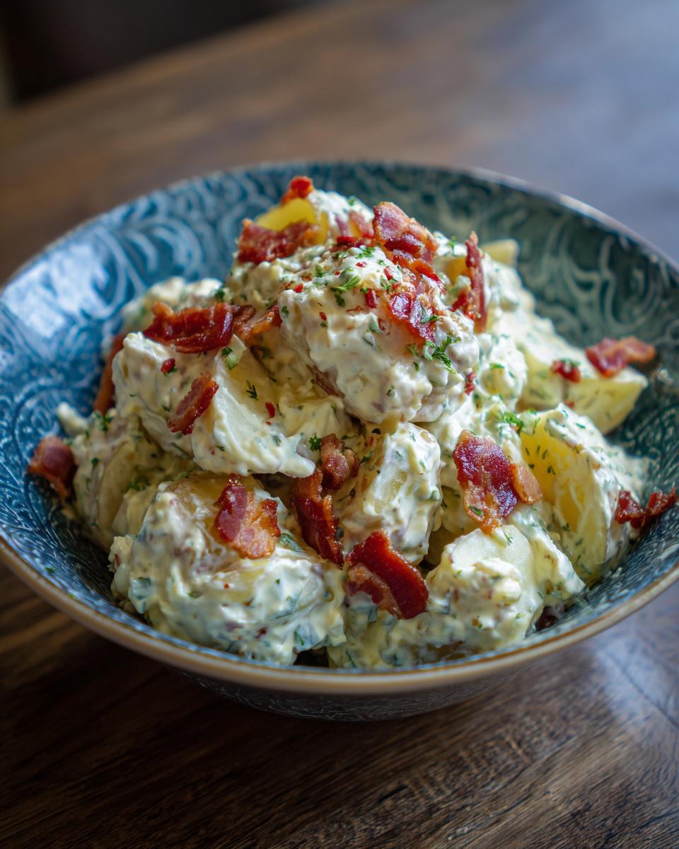 A bowl of Ultimate Loaded Baked Potato Salad, topped with bacon and herbs, sitting on a wooden surface.