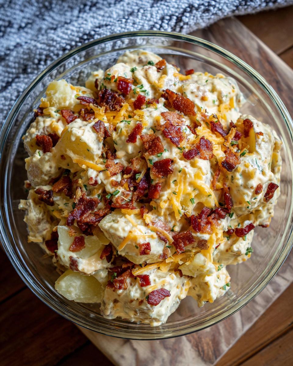 Overhead shot of Ultimate Loaded Baked Potato Salad in a clear bowl, topped with bacon and shredded cheese.