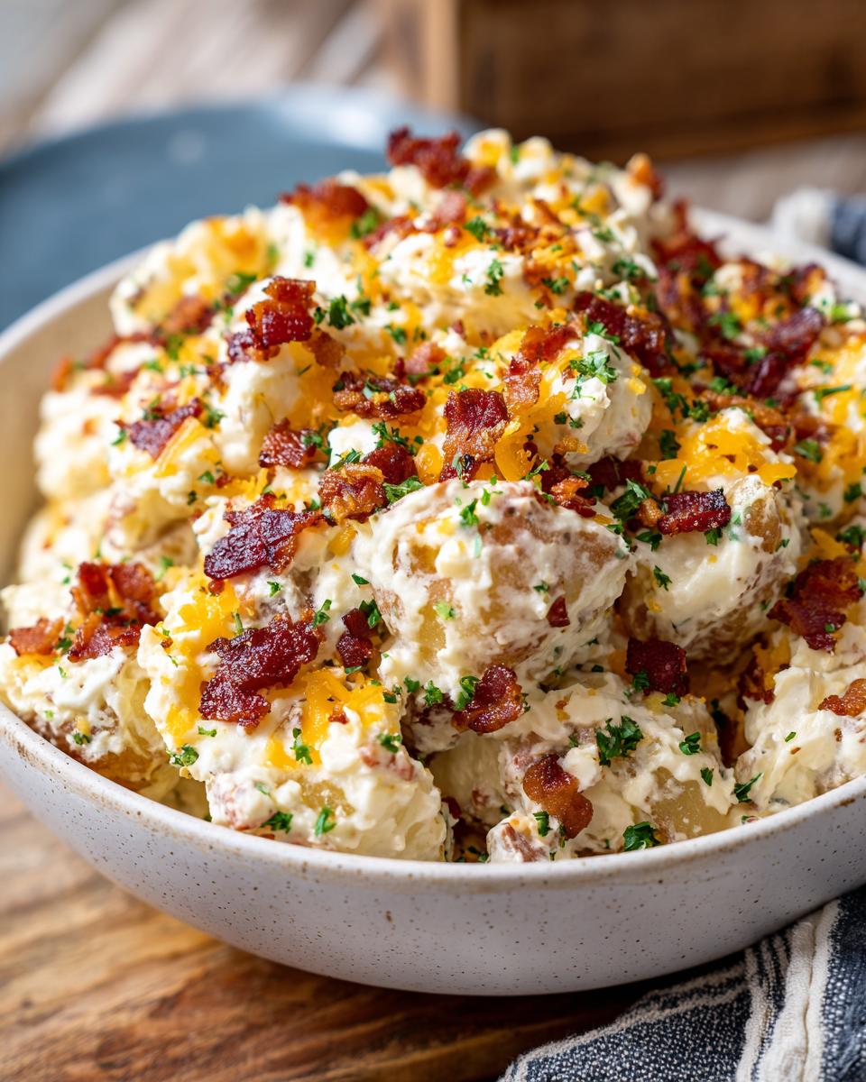 Bowl of Ultimate Loaded Baked Potato Salad, topped with bacon, cheese, and parsley.