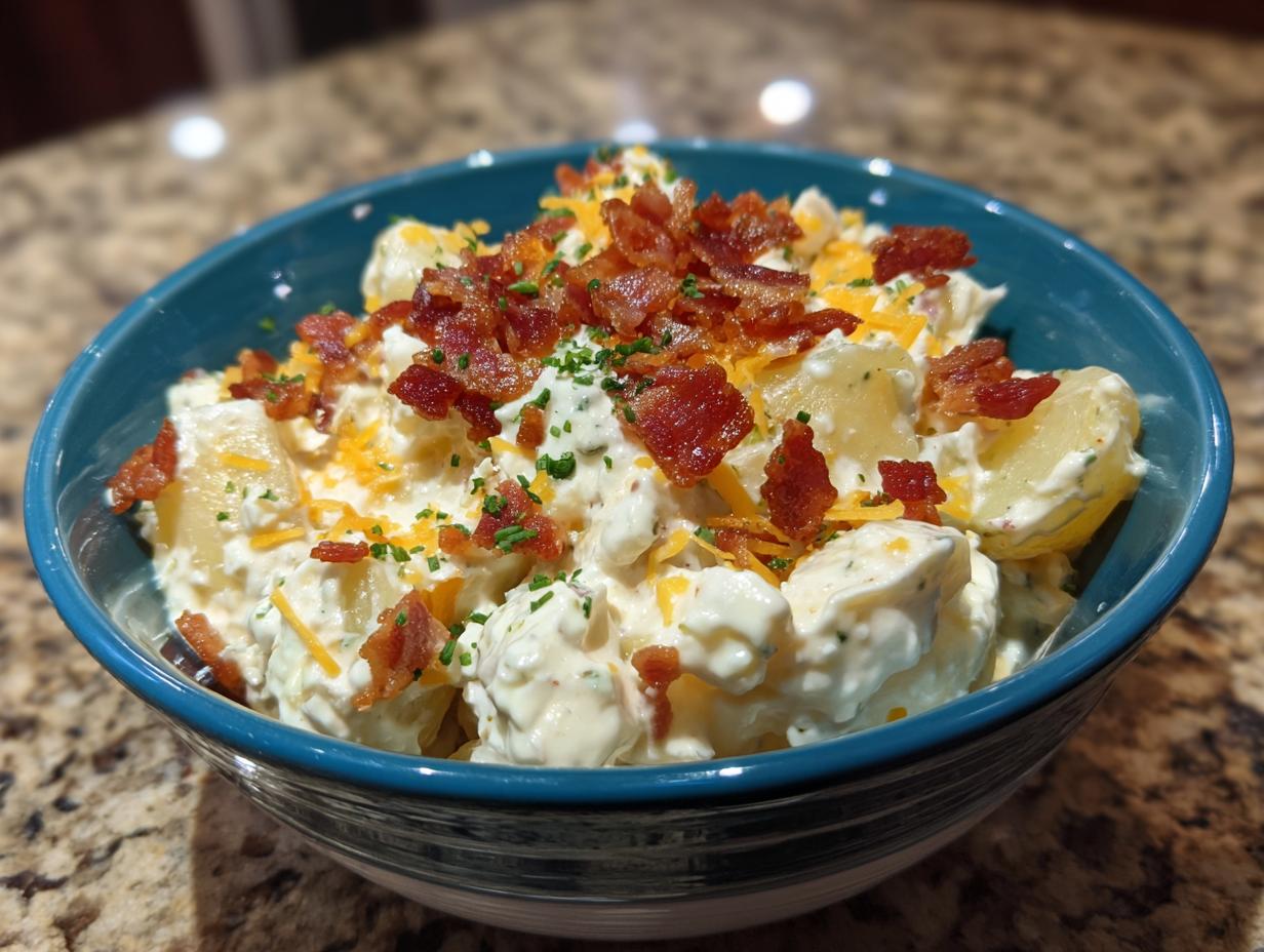 A bowl of Ultimate Loaded Baked Potato Salad, topped with bacon, cheese, and chives.