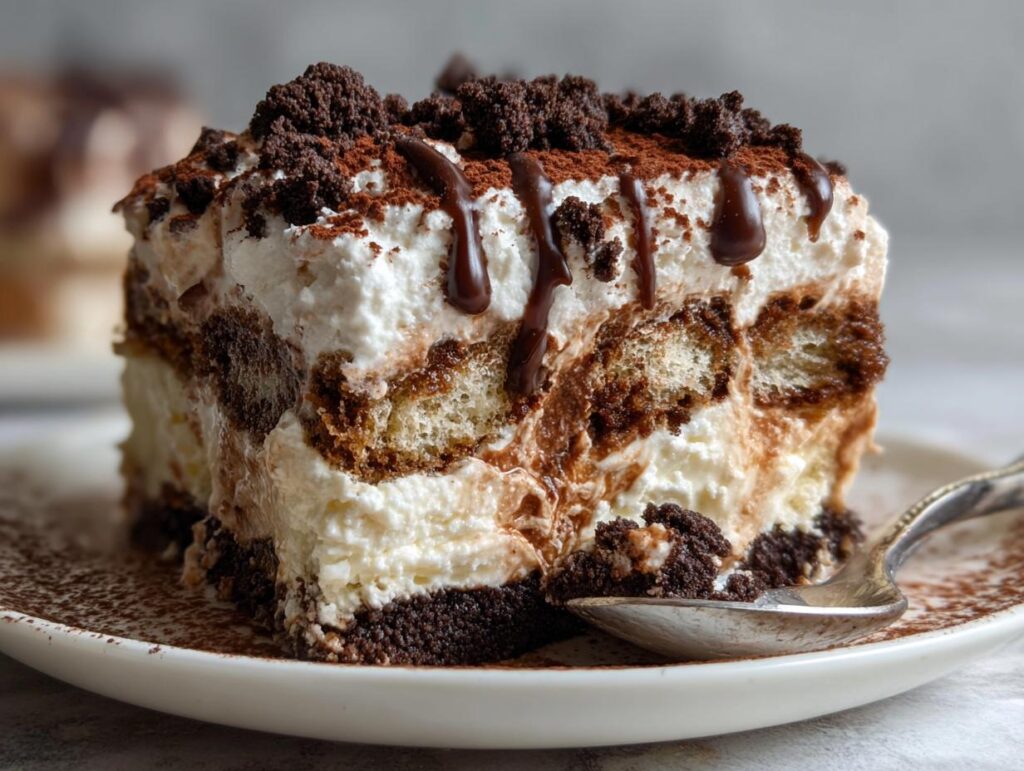 A slice of Ultimate No-Bake Dirt Cake with layers of cream, chocolate, and crushed cookies, drizzled with chocolate syrup.