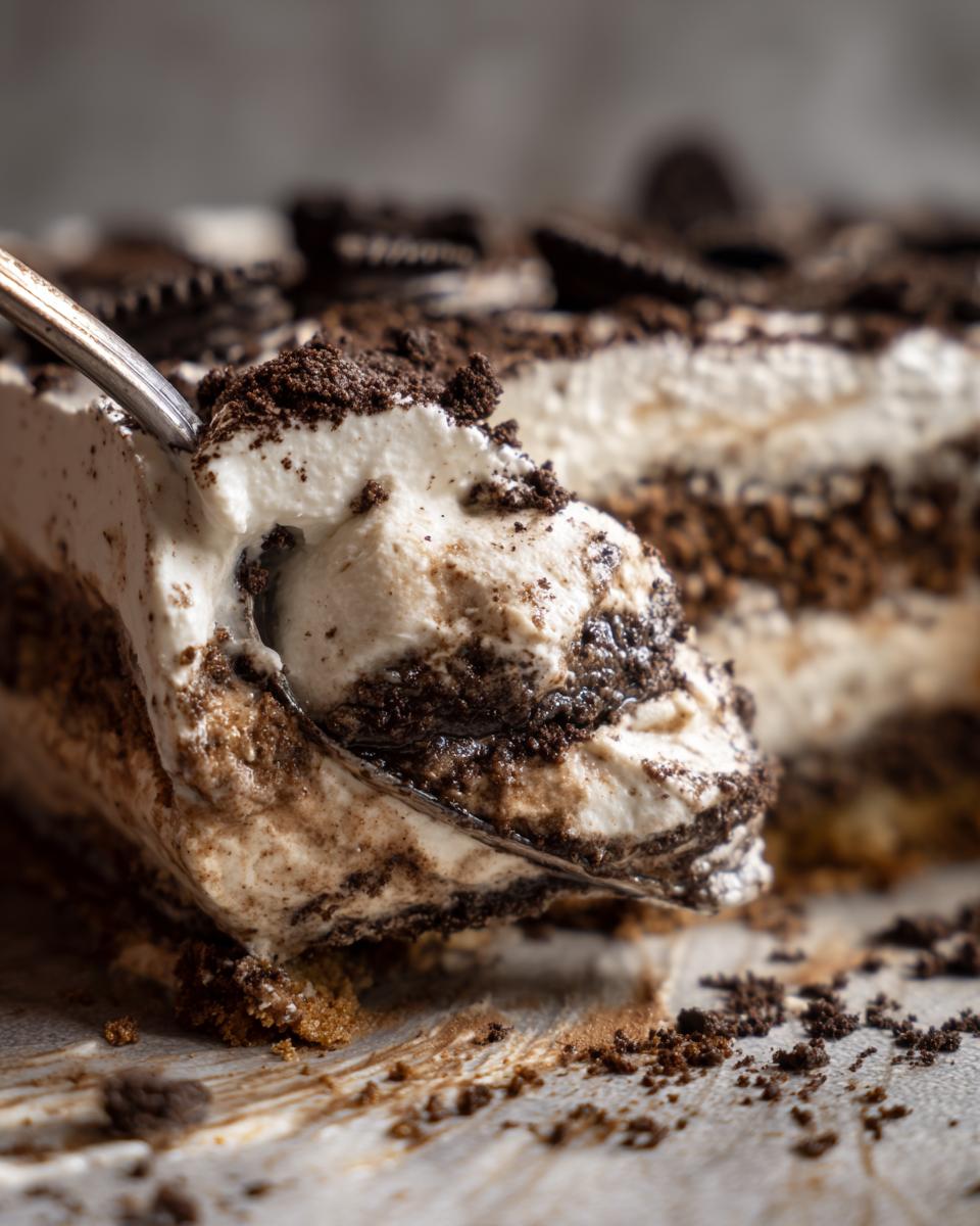 Close-up of a spoonful of Ultimate No-Bake Dirt Cake, showing layers of cream, crushed cookies, and a rich texture.