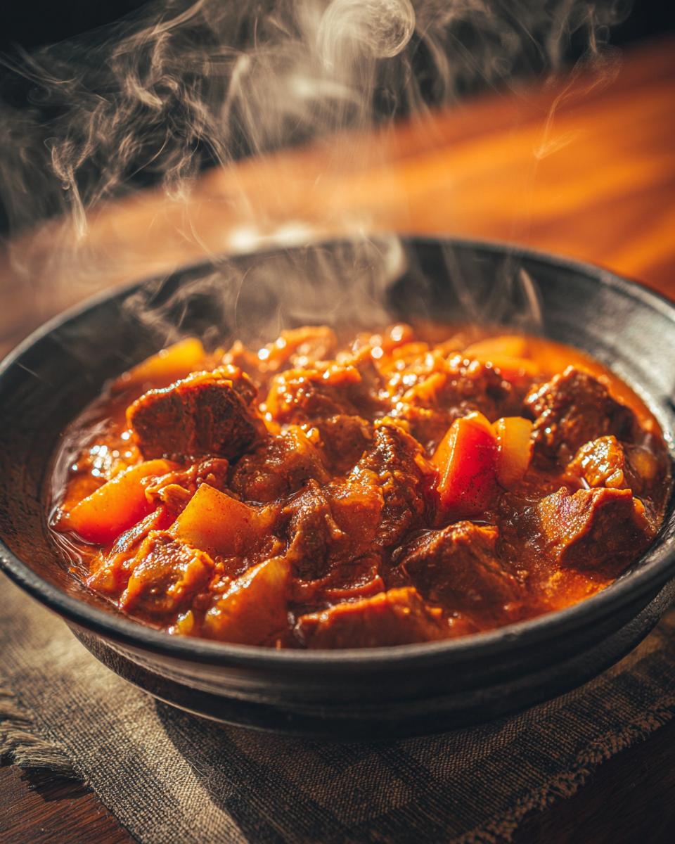 A bowl of steaming Ultimate Slow Cooker Pork Stew with visible chunks of pork and vegetables.