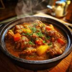 Steaming bowl of Ultimate Slow Cooker Pork Stew with pork, potatoes, carrots, and herbs.