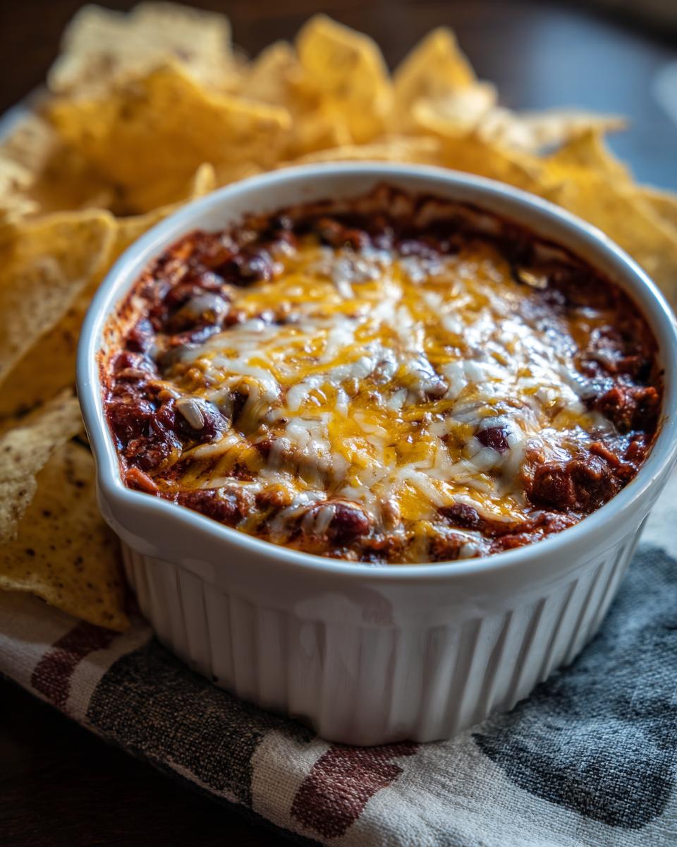 A bowl of Ultra Easy 3-Ingredient Chili Cheese Dip with melted cheese, served with tortilla chips.