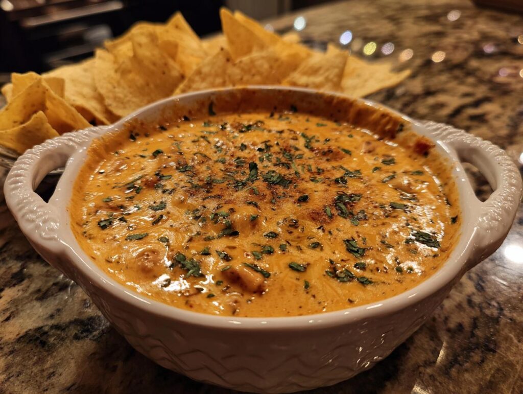 A bowl of Ultra Easy 3-Ingredient Chili Cheese Dip, garnished with herbs, served with tortilla chips.