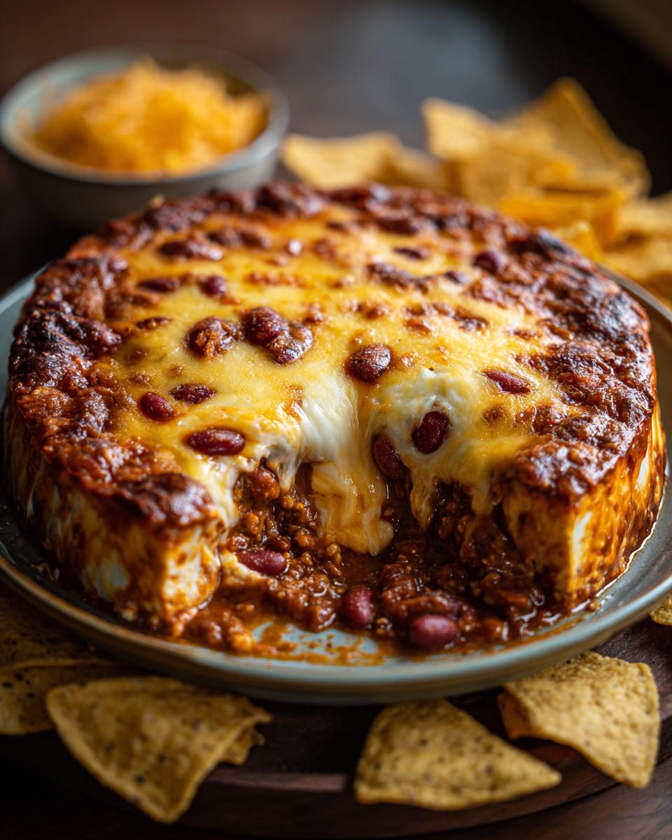 A delicious Ultra Easy 3-Ingredient Chili Cheese Dip surrounded by tortilla chips, ready to be devoured.