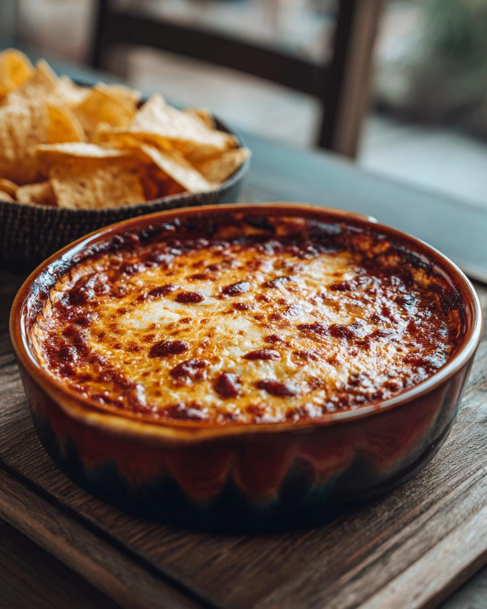 Baked Ultra Easy Chili Cheese Dip in a dish, served with tortilla chips. Ready in 10 minutes!