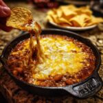 Tortilla chip being dipped into Ultra Easy Chili Cheese Dip with melted cheese pull.