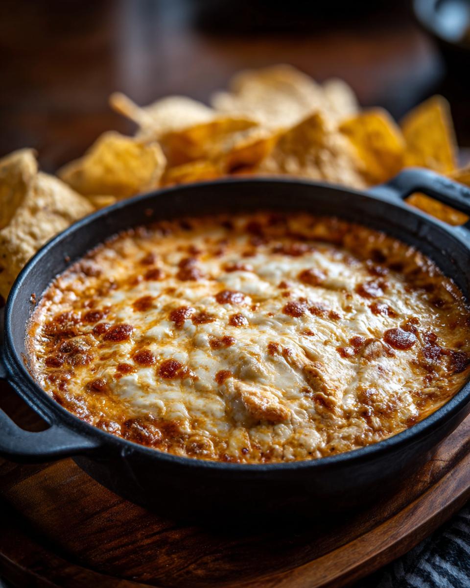 Skillet of Ultra Easy Chili Cheese Dip with melted cheese and tortilla chips.
