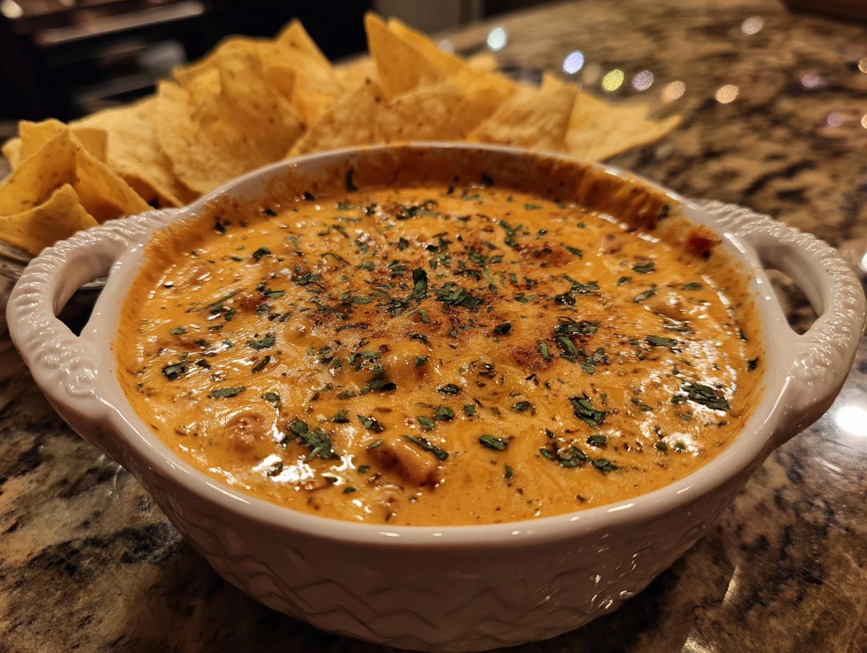 A bowl of Ultra Easy 3-Ingredient Chili Cheese Dip, garnished with herbs, served with tortilla chips.
