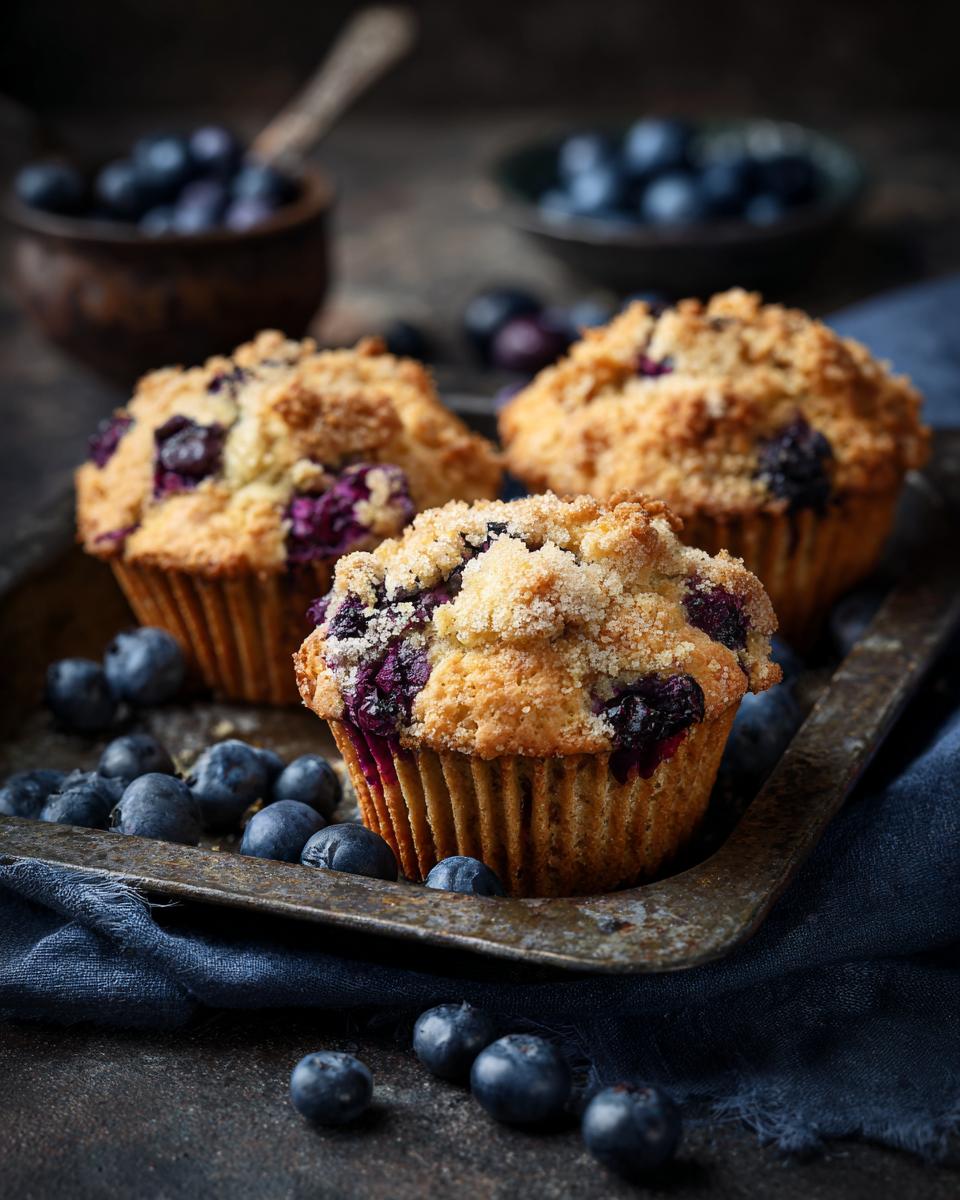 Three Ultra-Moist Cottage Cheese Blueberry Muffins on a tray with fresh blueberries.