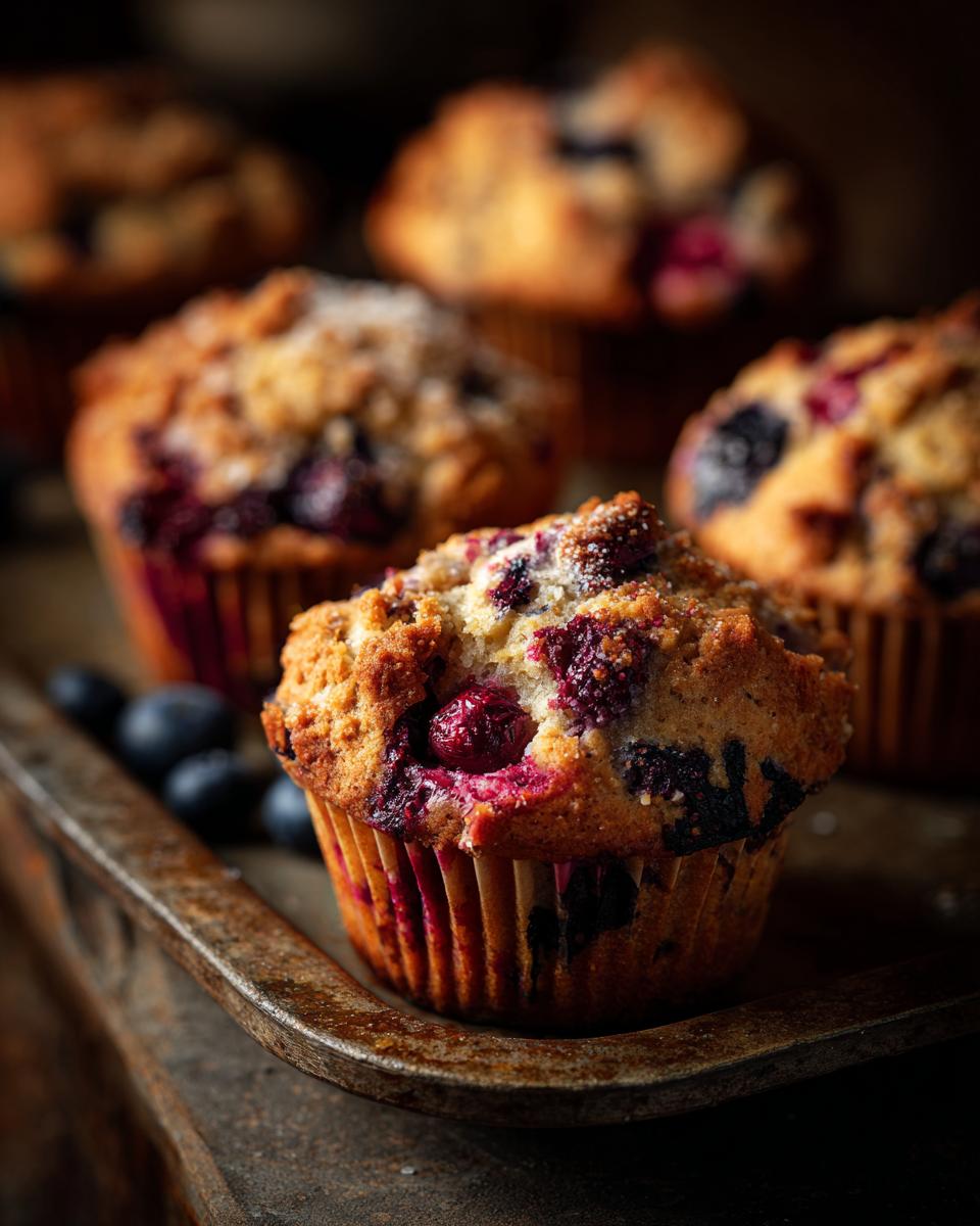 Freshly baked Ultra-Moist Cottage Cheese Blueberry Muffins on a baking sheet, showcasing their golden tops and juicy blueberries.