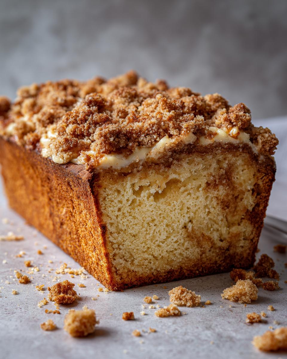 A loaf of Ultra Moist Sour Cream Coffee Cake with a crumb topping and a slice cut out.