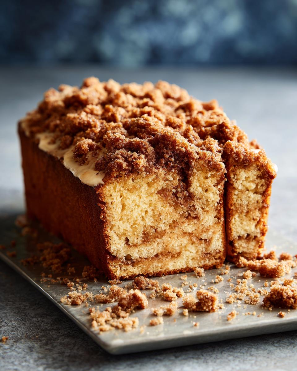 A loaf of Ultra Moist Sour Cream Coffee Cake with a slice cut, showing the crumb and streusel topping.