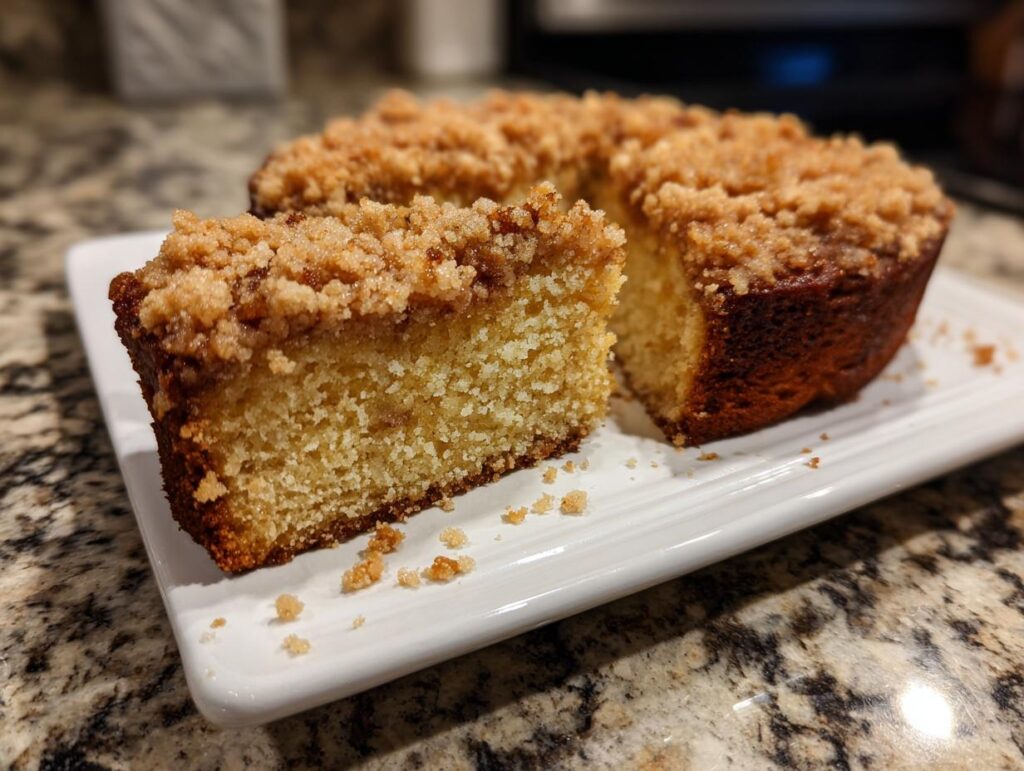 A slice of ultra moist sour cream coffee cake with a crumb topping on a white plate.