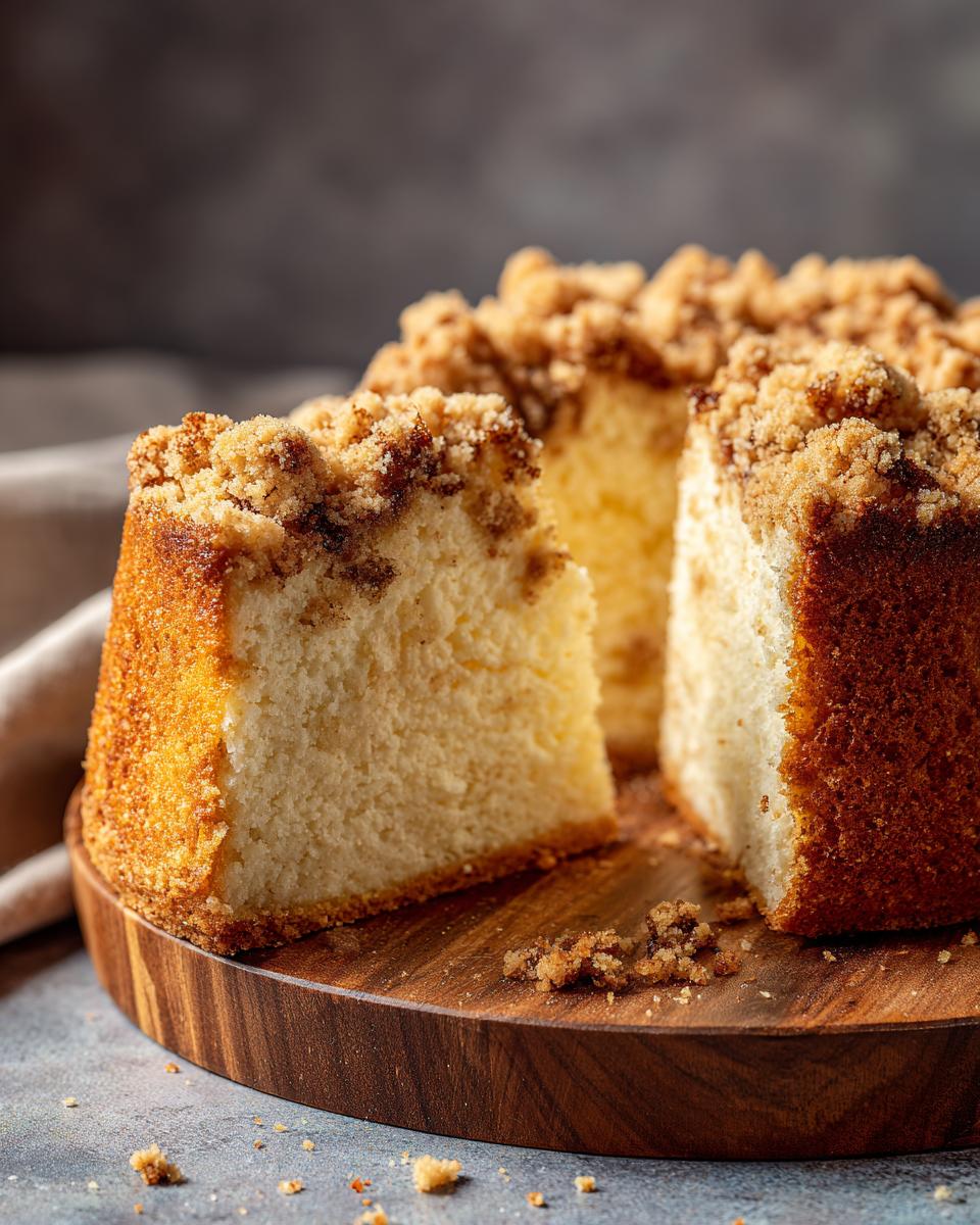 A slice of Ultra Moist Sour Cream Coffee Cake with a crumb topping, served on a wooden board.