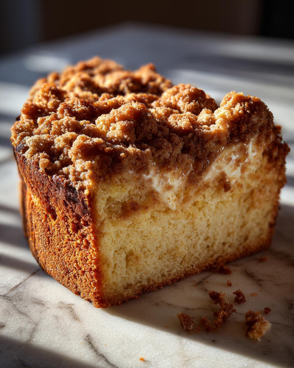 A slice of ultra moist sour cream coffee cake with a crumb topping, sitting on a marble surface.