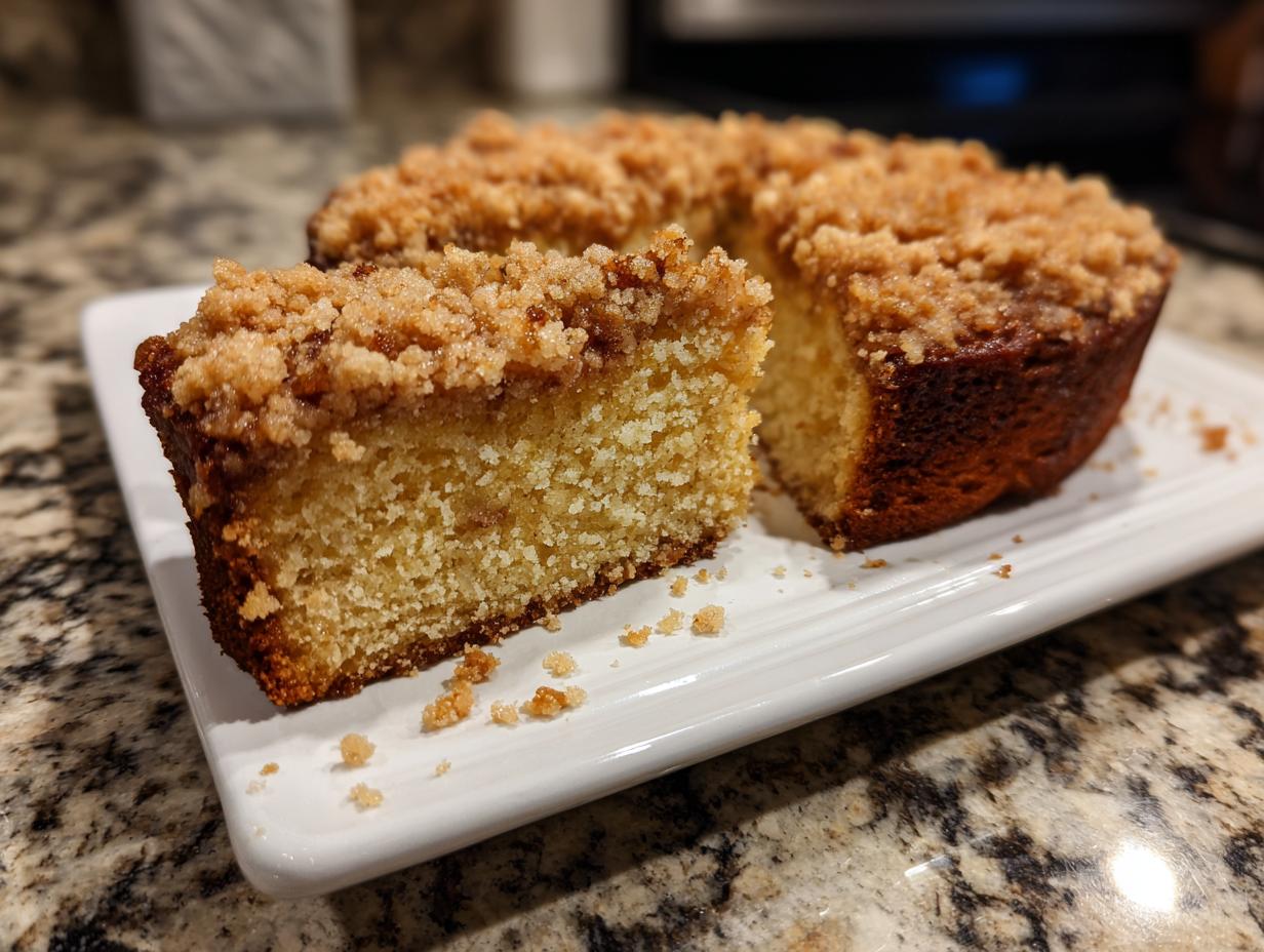 A slice of ultra moist sour cream coffee cake with a crumb topping on a white plate.