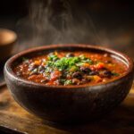 Steaming bowl of 30-Minute Hearty Vegan Black Bean Chili, garnished with fresh herbs, on a wooden surface.