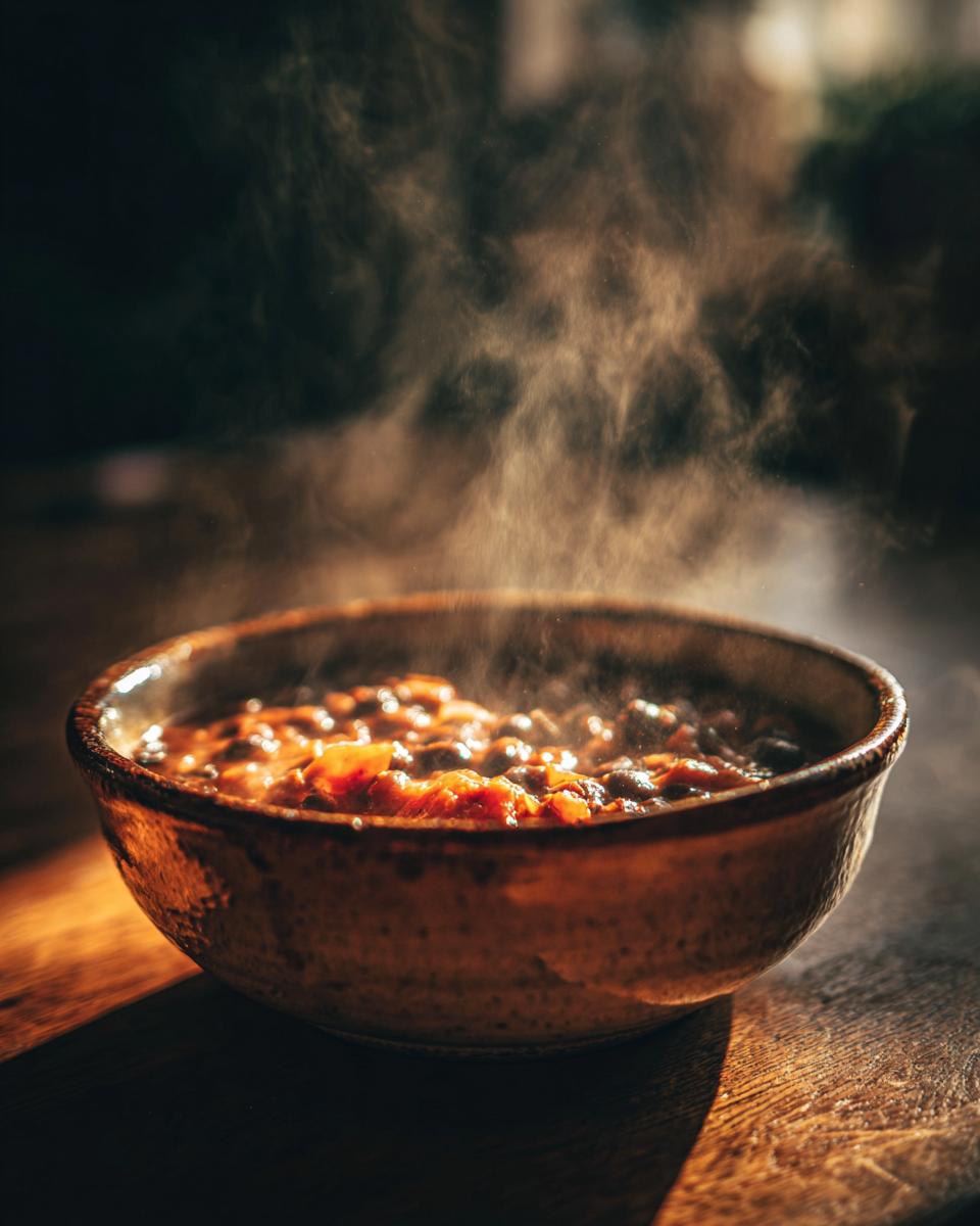 A bowl of steaming 30-Minute Hearty Vegan Black Bean Chili on a wooden surface.