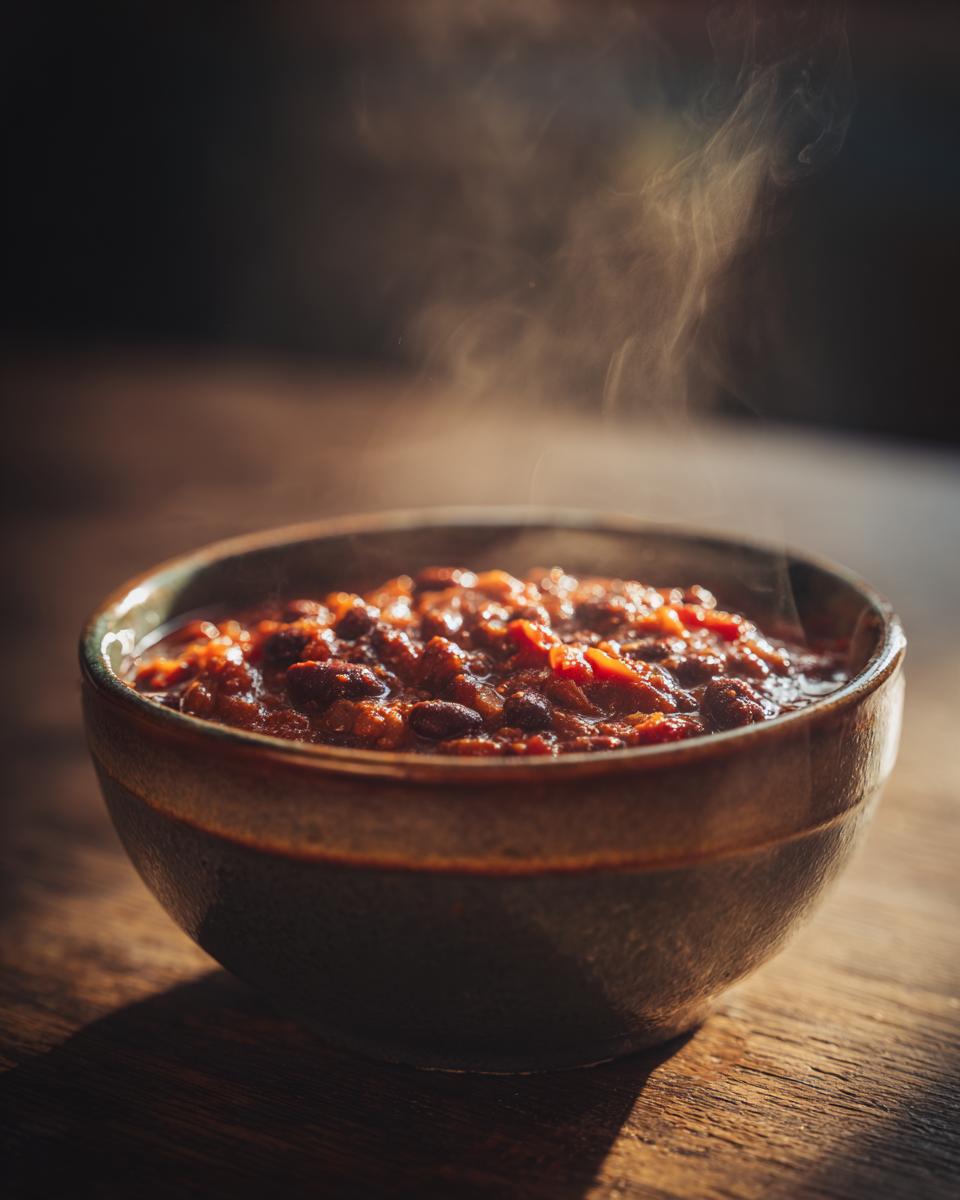 Steaming bowl of 30-Minute Hearty Vegan Black Bean Chili on a wooden surface.