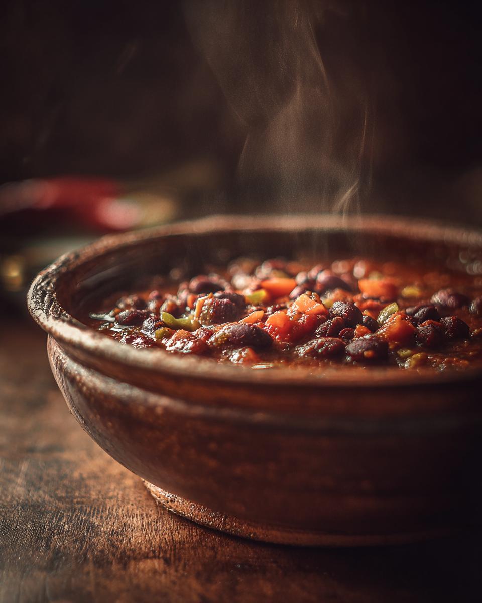 Steaming bowl of 30-Minute Hearty Vegan Black Bean Chili with visible beans and vegetables.