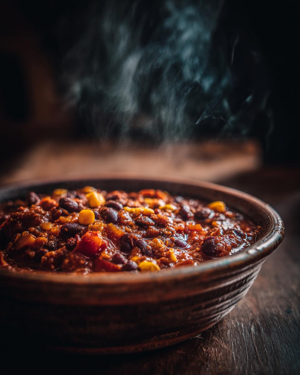 A bowl of steaming 30-Minute Hearty Vegan Black Bean Chili, featuring black beans, corn, and other vegetables.