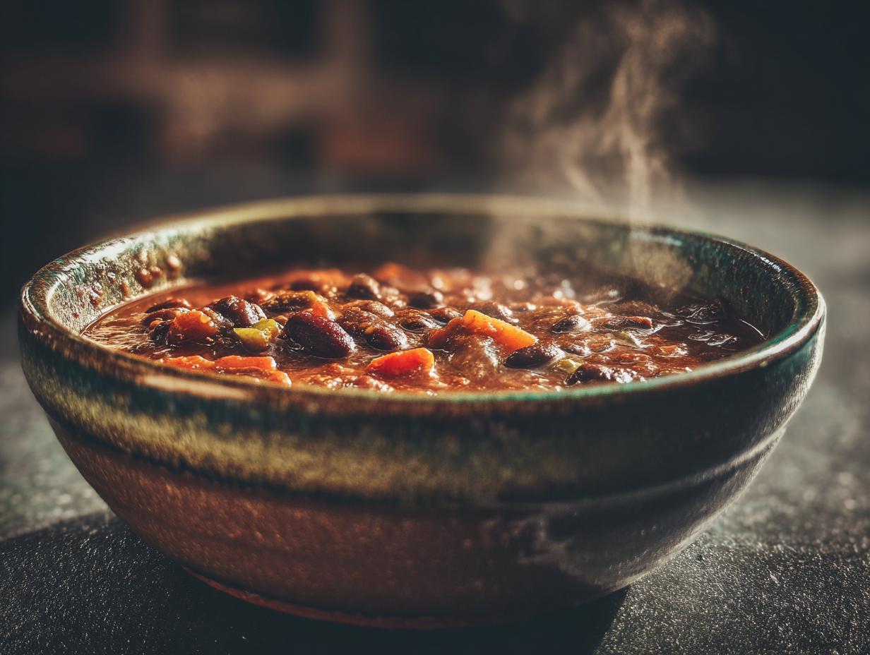 A steaming bowl of 30-Minute Hearty Vegan Black Bean Chili, showcasing the rich color and texture.