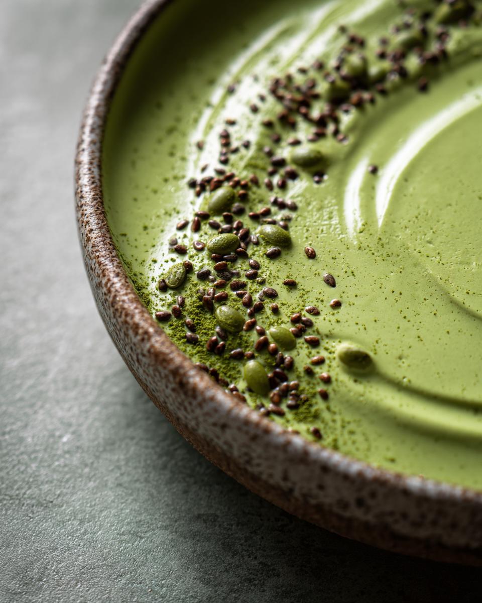 Close-up of creamy vegan matcha chia pudding in a bowl, topped with seeds and matcha powder.