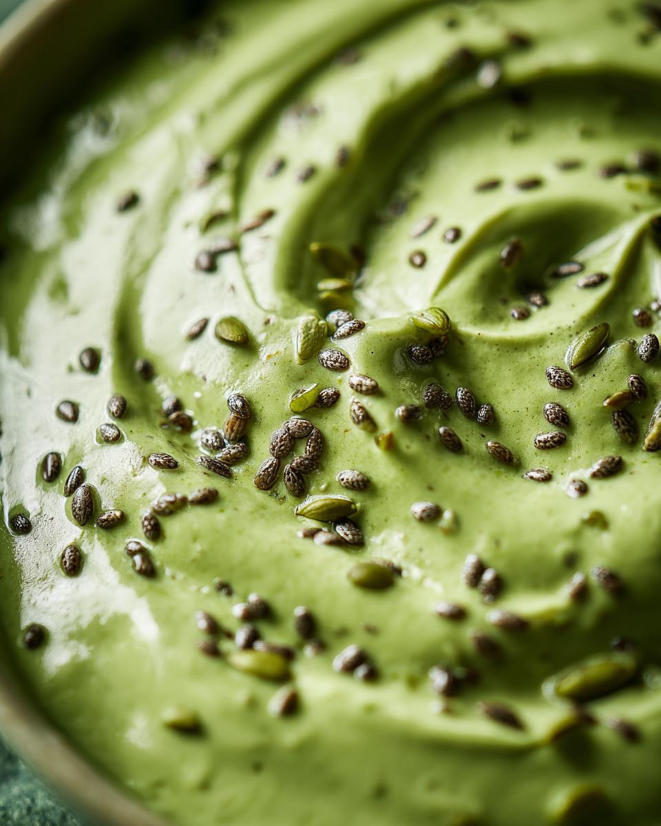 A close-up of creamy vegan matcha chia pudding with chia seeds and pumpkin seeds on top.