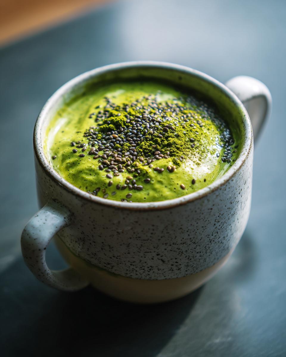 Close-up of Ultimate Creamy Vegan Matcha Chia Pudding in a mug, topped with matcha powder and chia seeds.