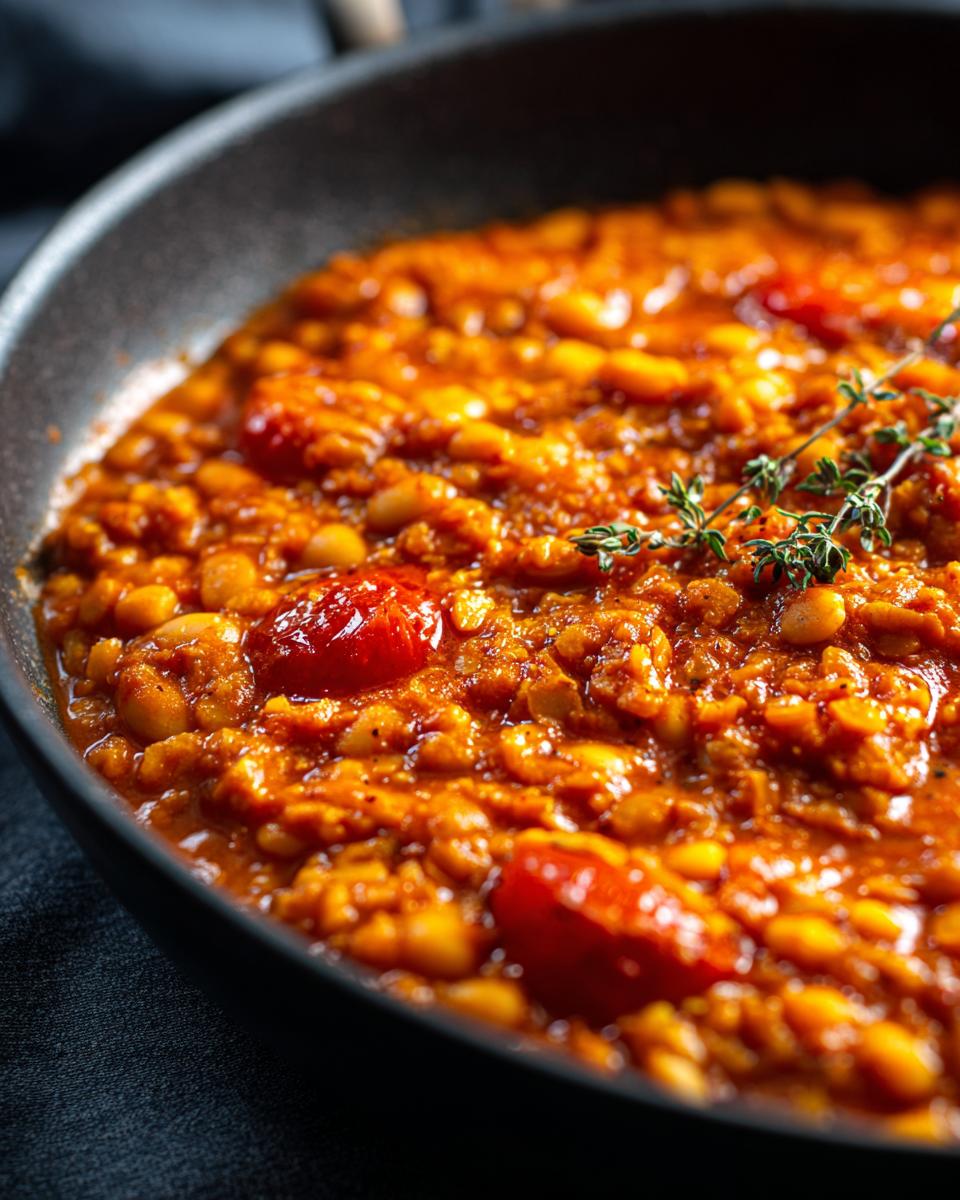 Close-up of Vegan Tomato White Bean Stew in a skillet, garnished with fresh thyme.