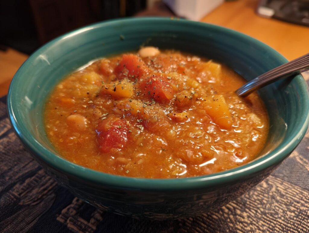 A bowl of delicious Vegan Tomato White Bean Stew, garnished with herbs and ready to eat.