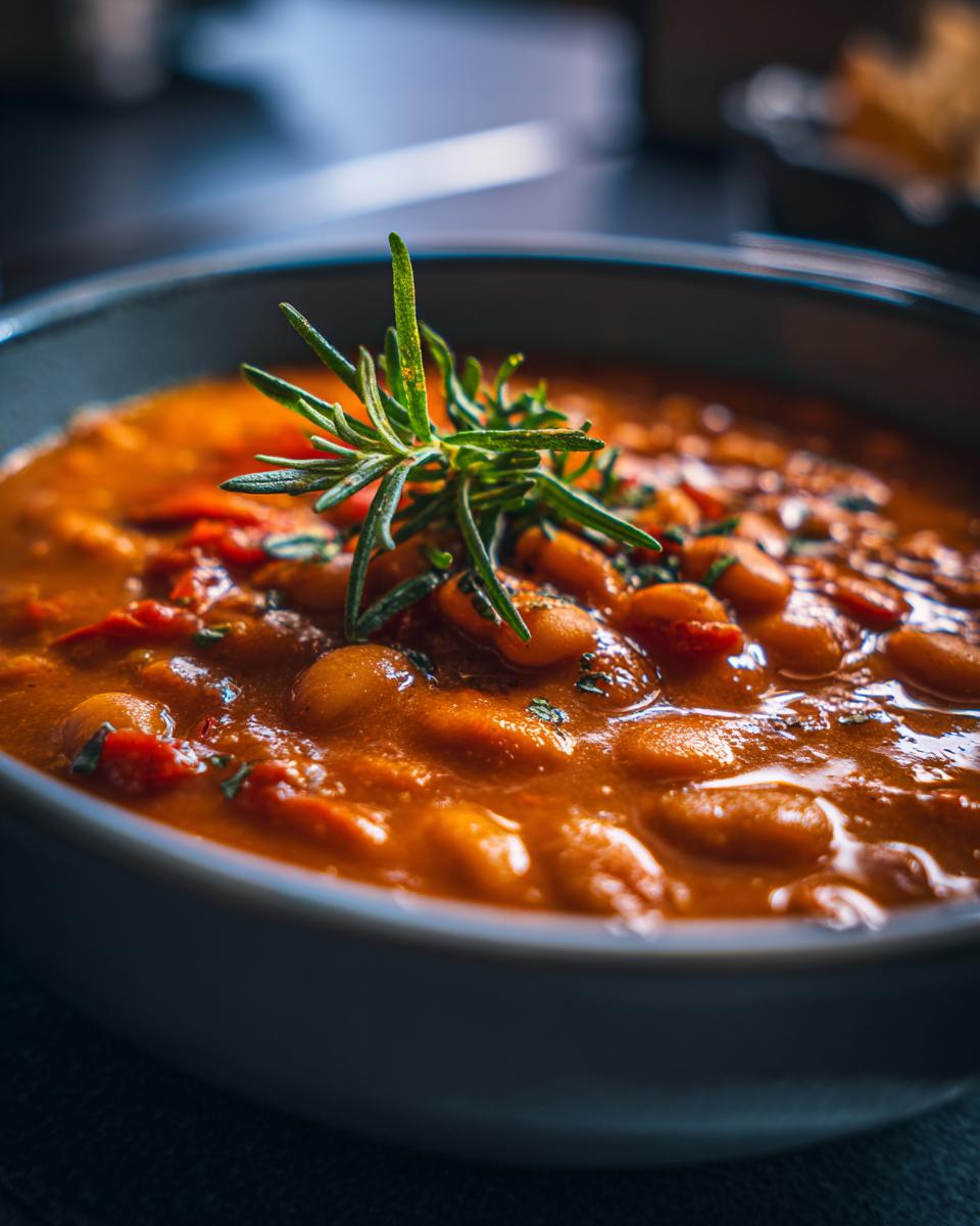 Close-up of a bowl of Vegan Tomato White Bean Stew, garnished with fresh rosemary.